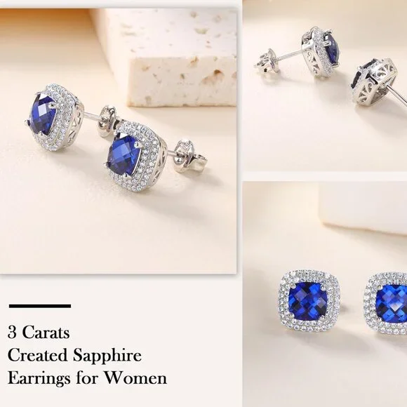Sapphire Earrings Cushion Cut Women | 925 Sterling Silver | September Birthstone - Picture 6 of 6